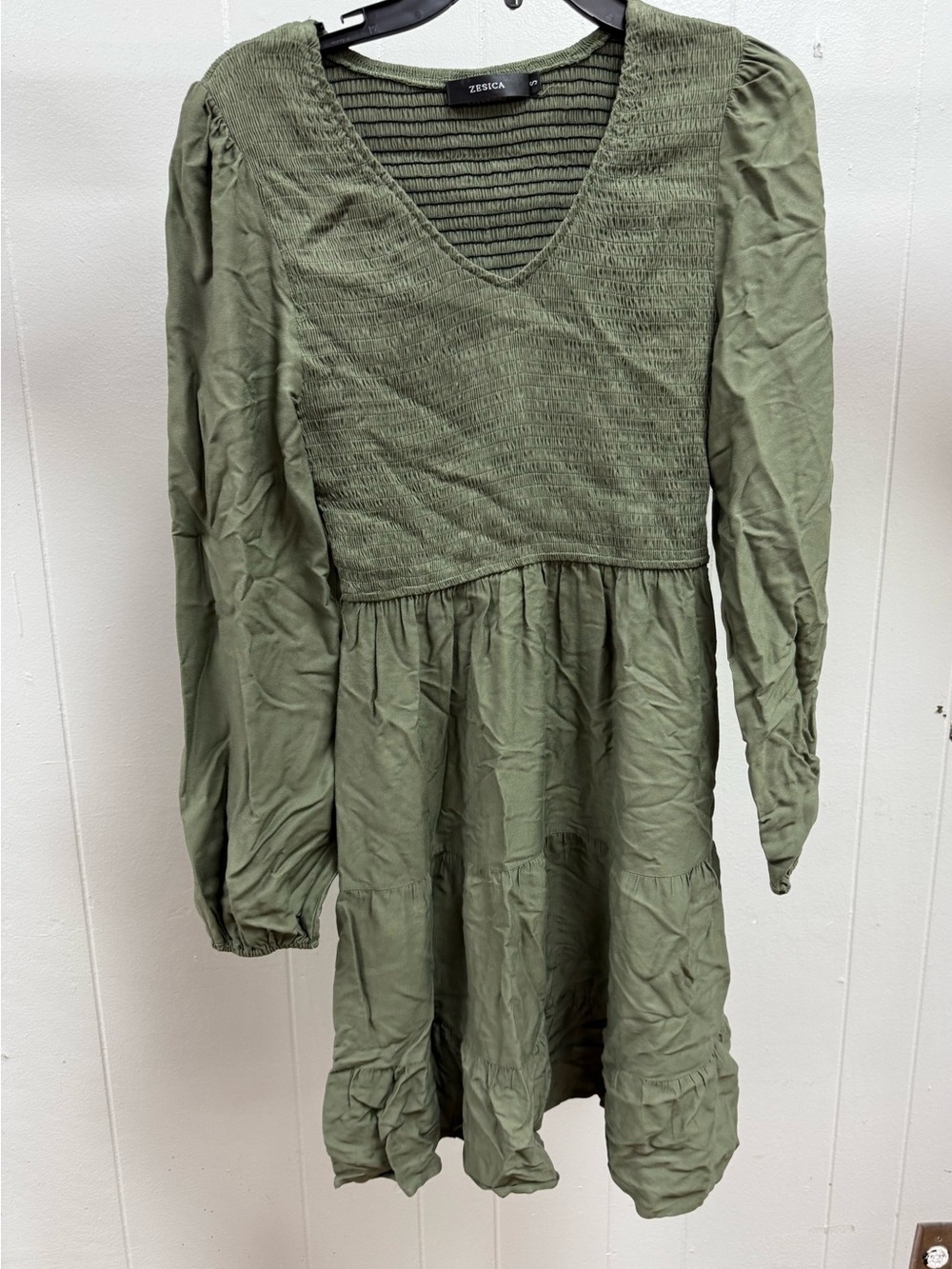 Zesica Olive Green V-Neck Smocked Waist Dress